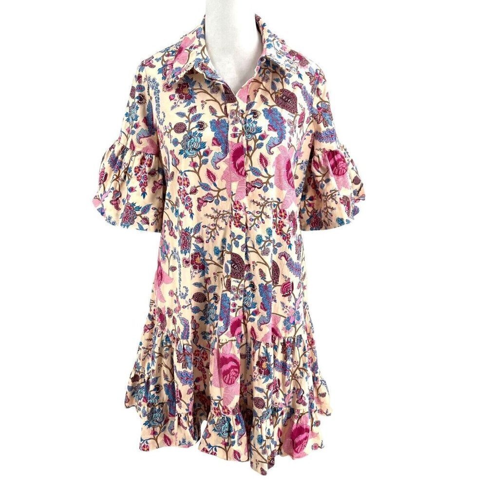 AMUR Botanical Floral Drop Waist Tiered Ruffle Mini Shirtdress Dress size 4